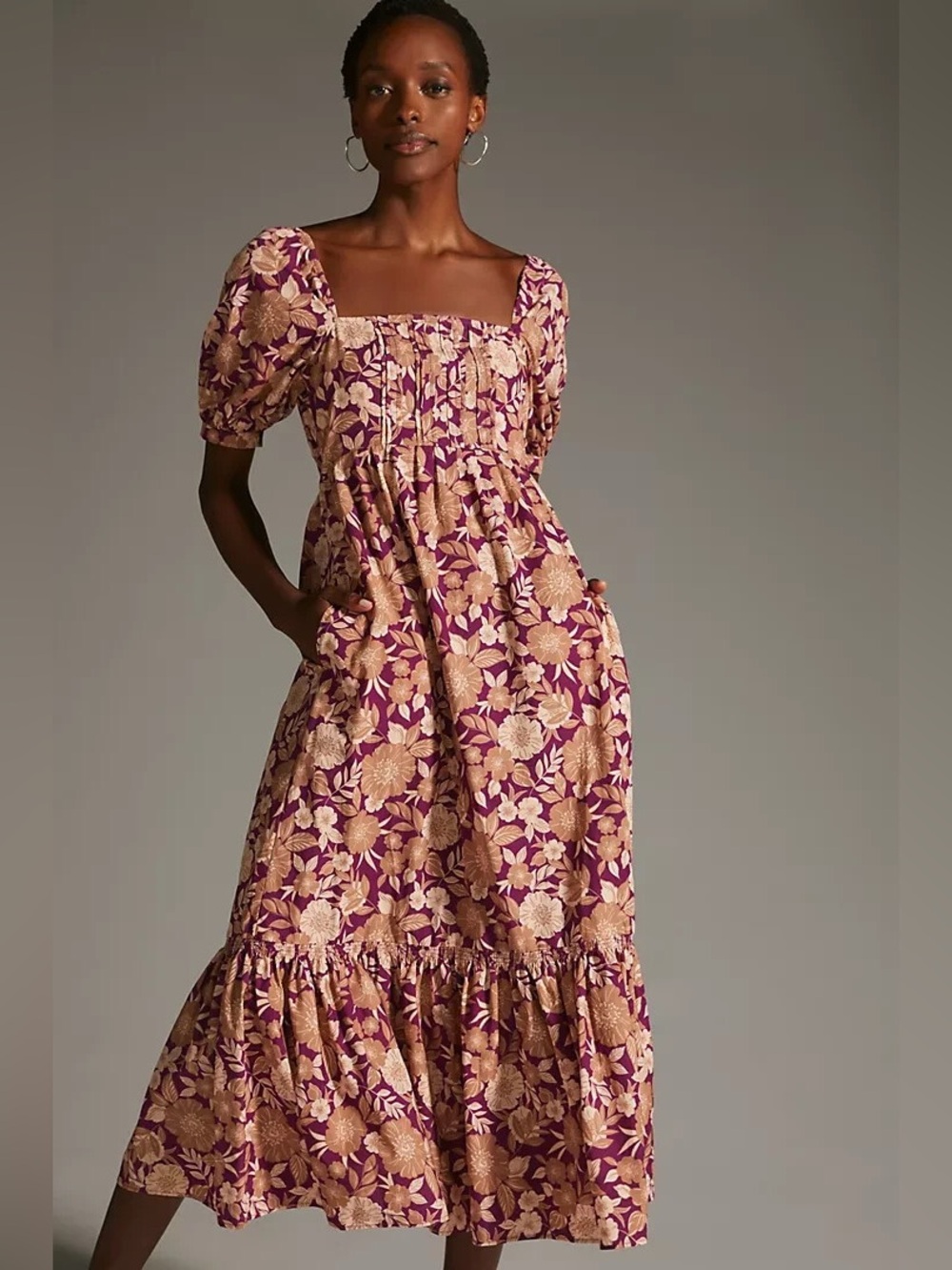 Square-Neck Puff Sleeve Midi Dress in Floral Berry